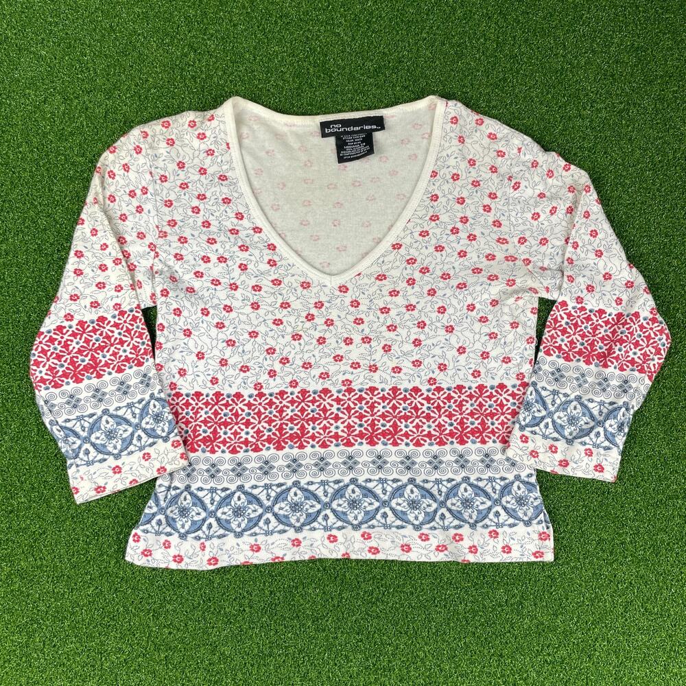 Vintage Y2K No Boundaries 1/2 Sleeve Red & Blue Floral V Neck Baby T Sz M
